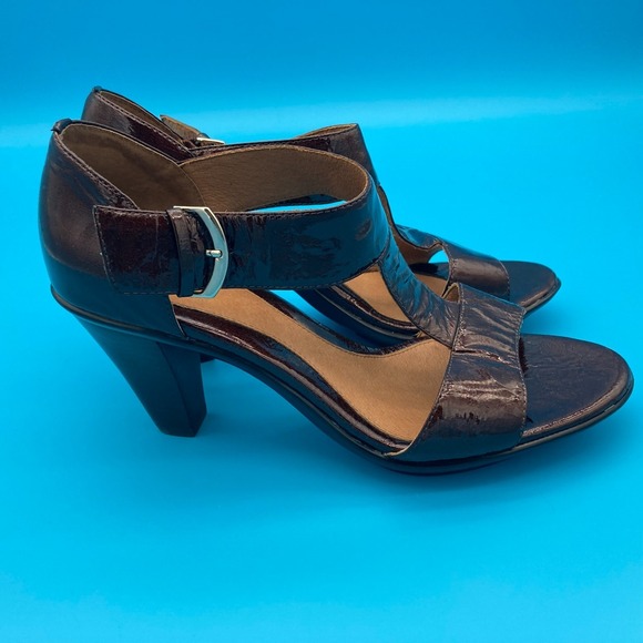 Söfft Brown Patent Crinkled Leather T-Strap Heeled Sandals Pumps Size 10M - Picture 6 of 14